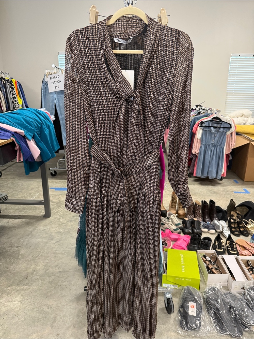Zara Brown Patterned Maxi Dress with Tie Waist